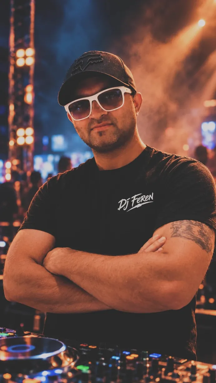 DJ Feren con los brazos cruzados detrás de la mesa de mezclas