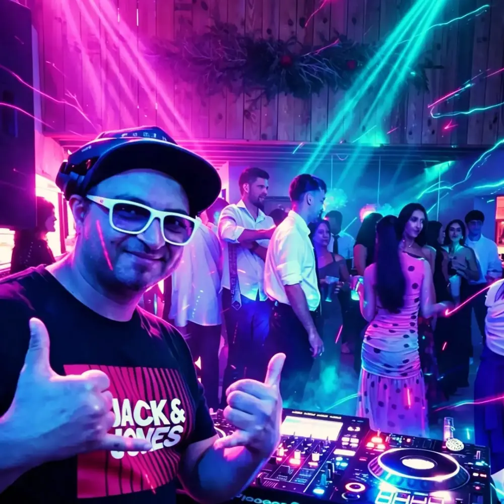 DJ Feren amb les dues mans en senyal d'ànim davant de la cabina, amb convidats ballant sota llums làser rosa i blaves